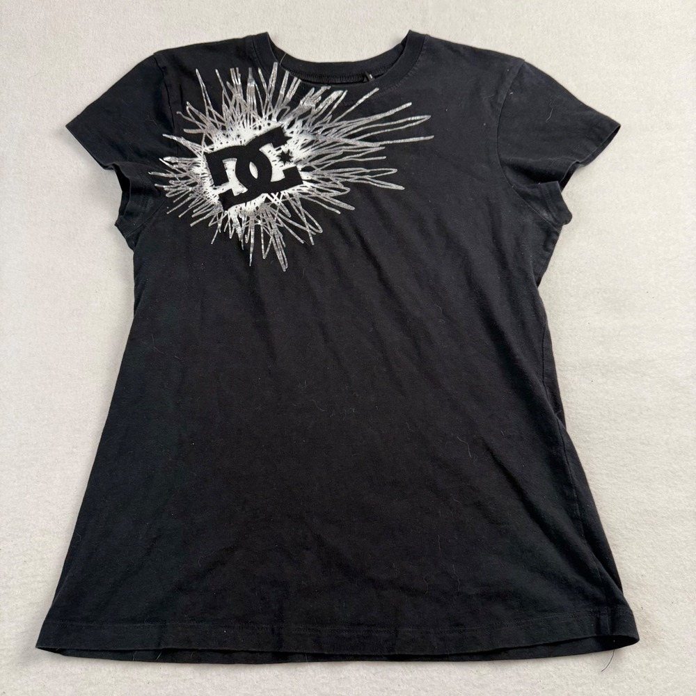 DC Shoes Girls Large Black‎ Graphic Tee Silver Burst Logo Skater Shirt L